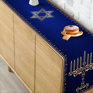 Blue and Gold Hanukkah Table Runner with Star and Menorah Design